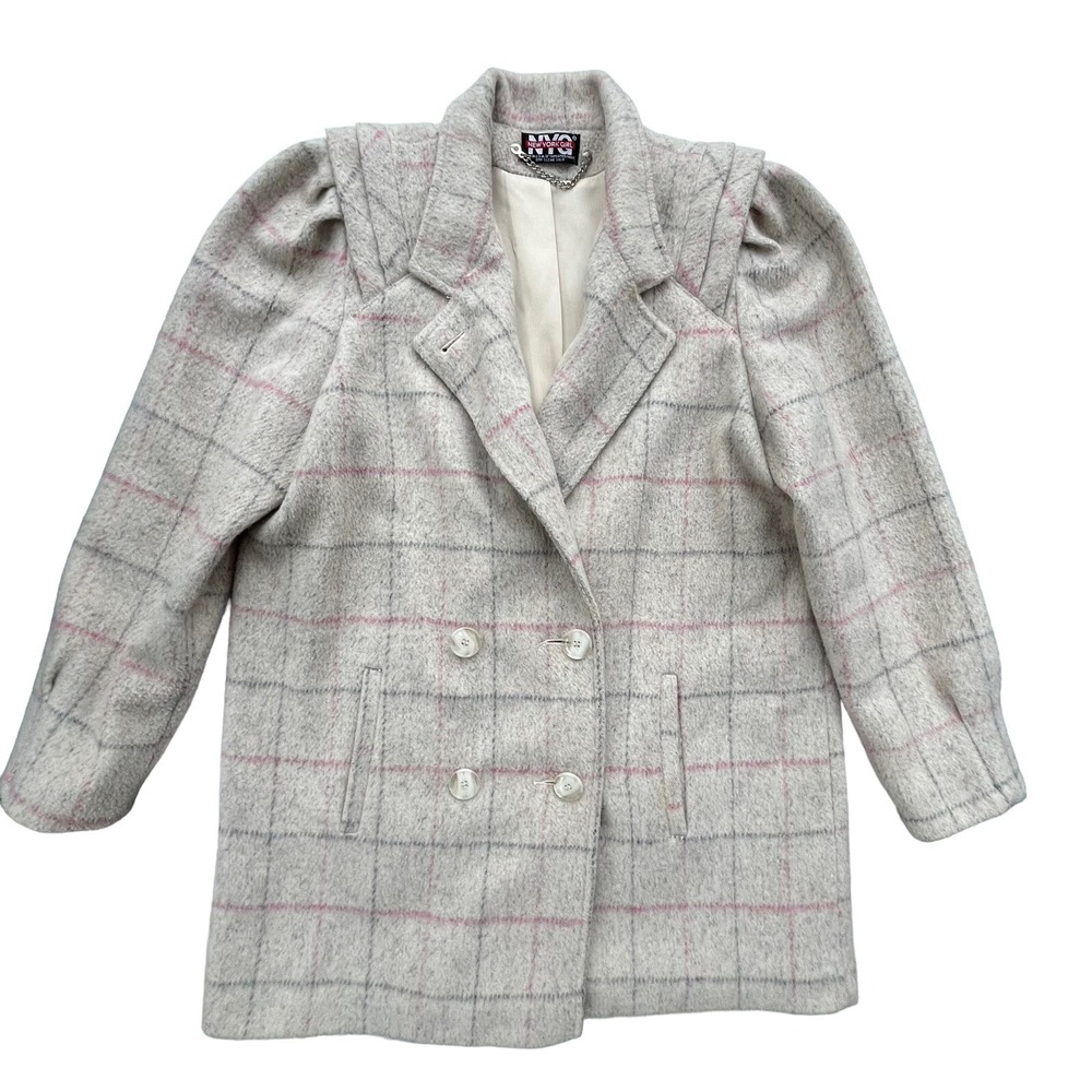 Vintage New York Girl Women 14 Pink Grey Plaid Double Breasted PuffShoulder Coat